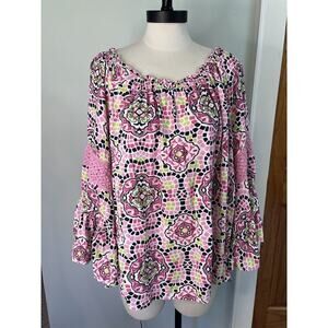 Crown And Ivy Blouse Top Pink XL Ruffles Flounce Boho Artsy Flowy Oversized